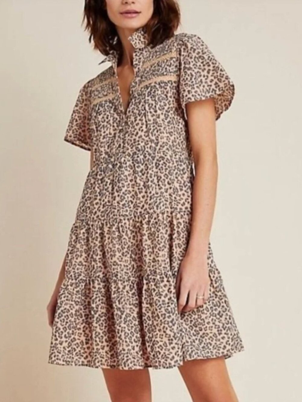 Anthropologie Leopard Print Georgina Tiered Mini Shirtdress Size 1X
